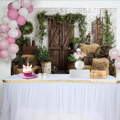 Lofaris Rustic Photography Backdrop with White Brick Wall, Wooden Barn Door and Hay Bales, Farmhouse Studio Background for Photoshoot
