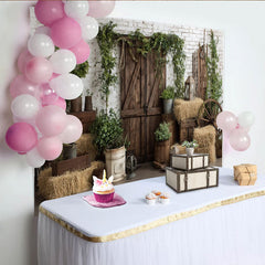 Lofaris Rustic Photography Backdrop with White Brick Wall, Wooden Barn Door and Hay Bales, Farmhouse Studio Background for Photoshoot