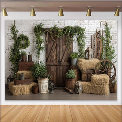 Lofaris Rustic Photography Backdrop with White Brick Wall, Wooden Barn Door and Hay Bales, Farmhouse Studio Background for Photoshoot