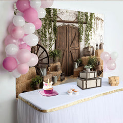 Lofaris Rustic Barn Photography Backdrop with Wooden Doors and White Brick Wall, Charming Farmhouse Background for Studio Photoshoots