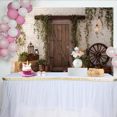 Lofaris Rustic Barn Door Photography Backdrop with White Brick Wall and Ivy, Farmhouse Wood Background for Studio Photoshoot and Party Decor