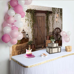 Lofaris Rustic Barn Door Photography Backdrop with White Brick Wall and Ivy, Farmhouse Wood Background for Studio Photoshoot and Party Decor
