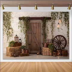 Lofaris Rustic Barn Door Photography Backdrop with White Brick Wall and Ivy, Farmhouse Wood Background for Studio Photoshoot and Party Decor