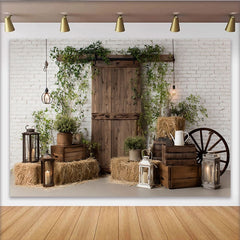 Lofaris Rustic Barn Door Photography Backdrop with White Brick Wall, Farmhouse Style Background for Studio Photoshoot