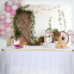 Lofaris Rustic Farmhouse Photography Backdrop with White Brick Wall, Wooden Door and Green Ivy, Hay Bales Background for Studio Photos