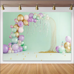 Lofaris Mint Green Mermaid Birthday Backdrop with Lavender and Gold Balloons, Elegant Under the Sea Party Background for Girls Photoshoot