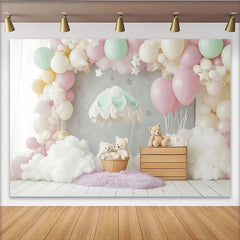 Lofaris Pastel Teddy Bear Hot Air Balloon Baby Shower Backdrop with Clouds and Stars, Dreamy Photography Background for Newborns