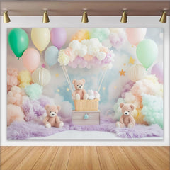 Lofaris Pastel Teddy Bear Baby Shower Backdrop with Balloons and Clouds, Dreamy Party Decor for Newborn Photoshoot