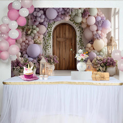 Lofaris Pastel Balloon Arch Photography Backdrop with Wooden Door and Floral Decor, Elegant Studio Background for Party Photoshoot