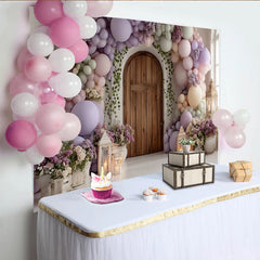 Lofaris Pastel Balloon Arch Photography Backdrop with Wooden Door and Floral Decor, Elegant Studio Background for Party Photoshoot