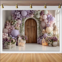 Lofaris Pastel Balloon Arch Photography Backdrop with Wooden Door and Floral Decor, Elegant Studio Background for Party Photoshoot
