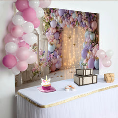 Lofaris Pastel Floral Balloon Photography Backdrop with Golden Butterflies, Elegant Studio Background for Party Decoration and Photoshoot