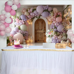 Lofaris Whimsical Pastel Balloon Arch Baby Shower Backdrop, with Rustic Wooden Door and Lanterns, Elegant Photo Background for Party Decor