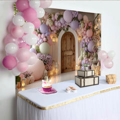 Lofaris Whimsical Pastel Balloon Arch Baby Shower Backdrop, with Rustic Wooden Door and Lanterns, Elegant Photo Background for Party Decor