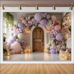 Lofaris Whimsical Pastel Balloon Arch Baby Shower Backdrop, with Rustic Wooden Door and Lanterns, Elegant Photo Background for Party Decor