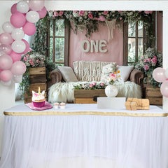 Lofaris Pink Floral 1st Birthday Backdrop with Rustic Wood and Macrame, Elegant Photography Background for Baby Girl Cake Smash Party
