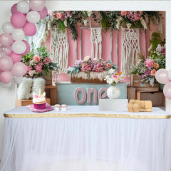 Lofaris Pink Floral First Birthday Backdrop with Macrame and Wooden Crates, Boho Style Photography Background for Cake Smash