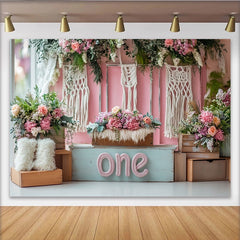 Lofaris Pink Floral First Birthday Backdrop with Macrame and Wooden Crates, Boho Style Photography Background for Cake Smash