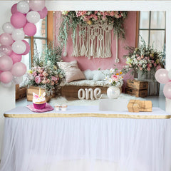 Lofaris Pink Floral Macrame 1st Birthday Backdrop for Girl, Elegant Photo Background for Cake Smash and Studio Photography.