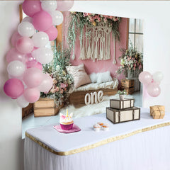 Lofaris Pink Floral Macrame 1st Birthday Backdrop for Girl, Elegant Photo Background for Cake Smash and Studio Photography.