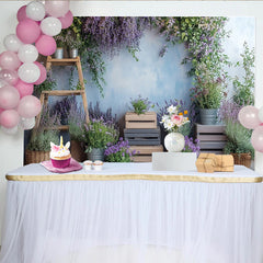Lofaris Lavender Floral Photography Backdrop with Rustic Wood and Blue Wall, Natural Greenery Studio Background for Portrait Photoshoot