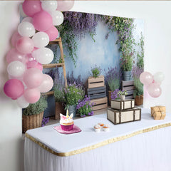 Lofaris Lavender Floral Photography Backdrop with Rustic Wood and Blue Wall, Natural Greenery Studio Background for Portrait Photoshoot