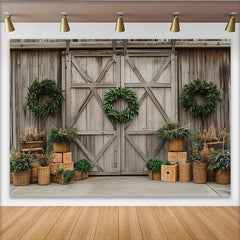 Lofaris Rustic Wooden Barn Door Christmas Backdrop with Green Wreaths, Elegant Winter Holiday Background for Studio Photography