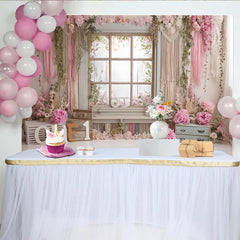 Lofaris Pink Floral First Birthday Backdrop with Rustic Window and ONE Letters, Beautiful Photography Background for Baby Girl Cake Smash