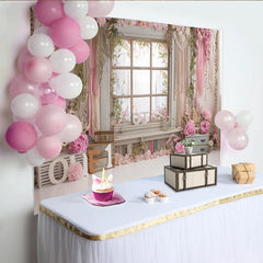 Lofaris Pink Floral First Birthday Backdrop with Rustic Window and ONE Letters, Beautiful Photography Background for Baby Girl Cake Smash