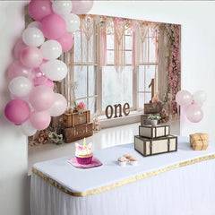 Lofaris Pink Floral 1st Birthday Backdrop with Macrame and Window, Rustic Boho Photography Background for Baby Girl Photoshoot and Party Decor