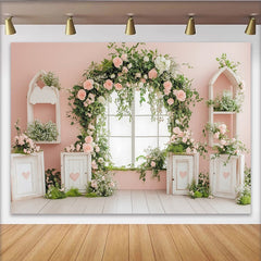 Lofaris Pink Floral Window Photography Backdrop with Green Vines and Roses, Elegant Studio Background for Portrait Photoshoot
