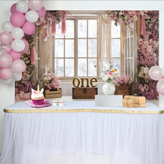 Lofaris Pink Floral 1st Birthday Backdrop with Rustic Window and Macrame, Elegant Photo Booth Background for Baby Girl Party Decor