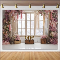Lofaris Pink Floral 1st Birthday Backdrop with Rustic Window and Macrame, Elegant Photo Booth Background for Baby Girl Party Decor