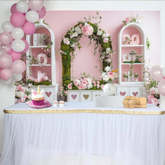 Lofaris Pink Floral Arch Photography Backdrop with Green Moss and White Roses, Elegant Studio Background for Wedding Engagement