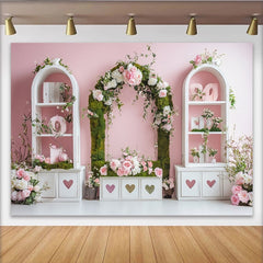 Lofaris Pink Floral Arch Photography Backdrop with Green Moss and White Roses, Elegant Studio Background for Wedding Engagement