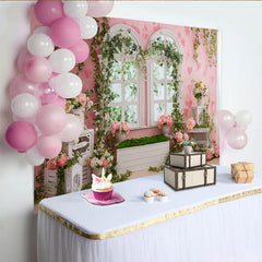 Lofaris Pink Floral Photography Backdrop with Arched Windows and Ivy, Romantic Garden Photo Background for Studio Portrait and Event Decor
