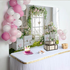 Lofaris Rustic Floral Window Photography Backdrop with Pink Roses and Greenery, Elegant Studio Background for Romantic Photoshoot