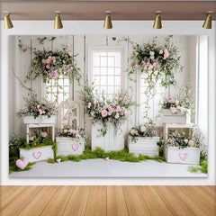 Lofaris Rustic White Wood Floral Photography Backdrop with Pink Roses and Greenery, Elegant Studio Background for Spring Photoshoot