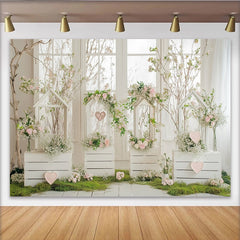 Lofaris Romantic Floral Photography Backdrop with White Wooden Crates and Pink Flowers, Elegant Spring Photo Background for Studio