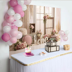 Lofaris Pink Floral 1st Birthday Backdrop with Rustic Window and Macrame, Elegant Rose Gold Party Background for Baby Girl Photoshoot