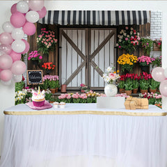 Lofaris Rustic Flower Shop Photography Backdrop with Barn Door, Charming Studio Background for Portraits and Events