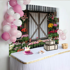 Lofaris Rustic Flower Shop Photography Backdrop with Barn Door, Charming Studio Background for Portraits and Events