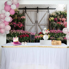 Lofaris Rustic Flower Market Photography Backdrop with White Barn Door and Colorful Flowers, Studio Background for Spring Photoshoot