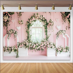 Lofaris Pink Floral Window Photography Backdrop with Roses and Green Vines, Elegant Studio Background for Romantic Photoshoot and Party Decor