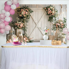 Lofaris Rustic Barn Door Floral Photography Backdrop with Pink Roses and Greenery, Elegant Wedding Photo Background