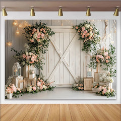 Lofaris Rustic Barn Door Floral Photography Backdrop with Pink Roses and Greenery, Elegant Wedding Photo Background