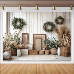 Lofaris Rustic Wood and Greenery Photography Backdrop with Wreaths and Pampas Grass, Boho Natural Background for Studio Portrait