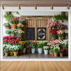 Lofaris Rustic Flower Shop Photography Backdrop with Welcome Sign, Floral Decor and White Brick Wall Background for Photoshoot