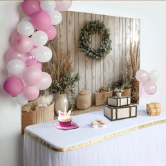 Lofaris Rustic Wood Wall Photography Backdrop with Eucalyptus Wreath and Pampas Grass, Farmhouse Studio Background for Photoshoot
