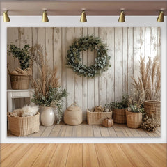 Lofaris Rustic Wood Wall Photography Backdrop with Eucalyptus Wreath and Pampas Grass, Farmhouse Studio Background for Photoshoot